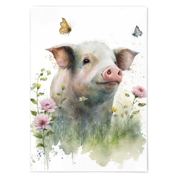 Watercolor Cute Floral Farm Pig Wall Art Illustration Print Poster Unframed - Picture 7 of 7